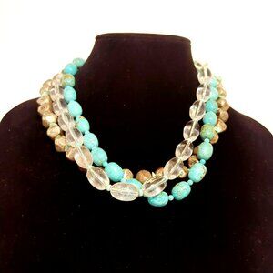 Vintage Chicos Chunky Multistrand Necklace With Faux Turquoise & Quartz Beads